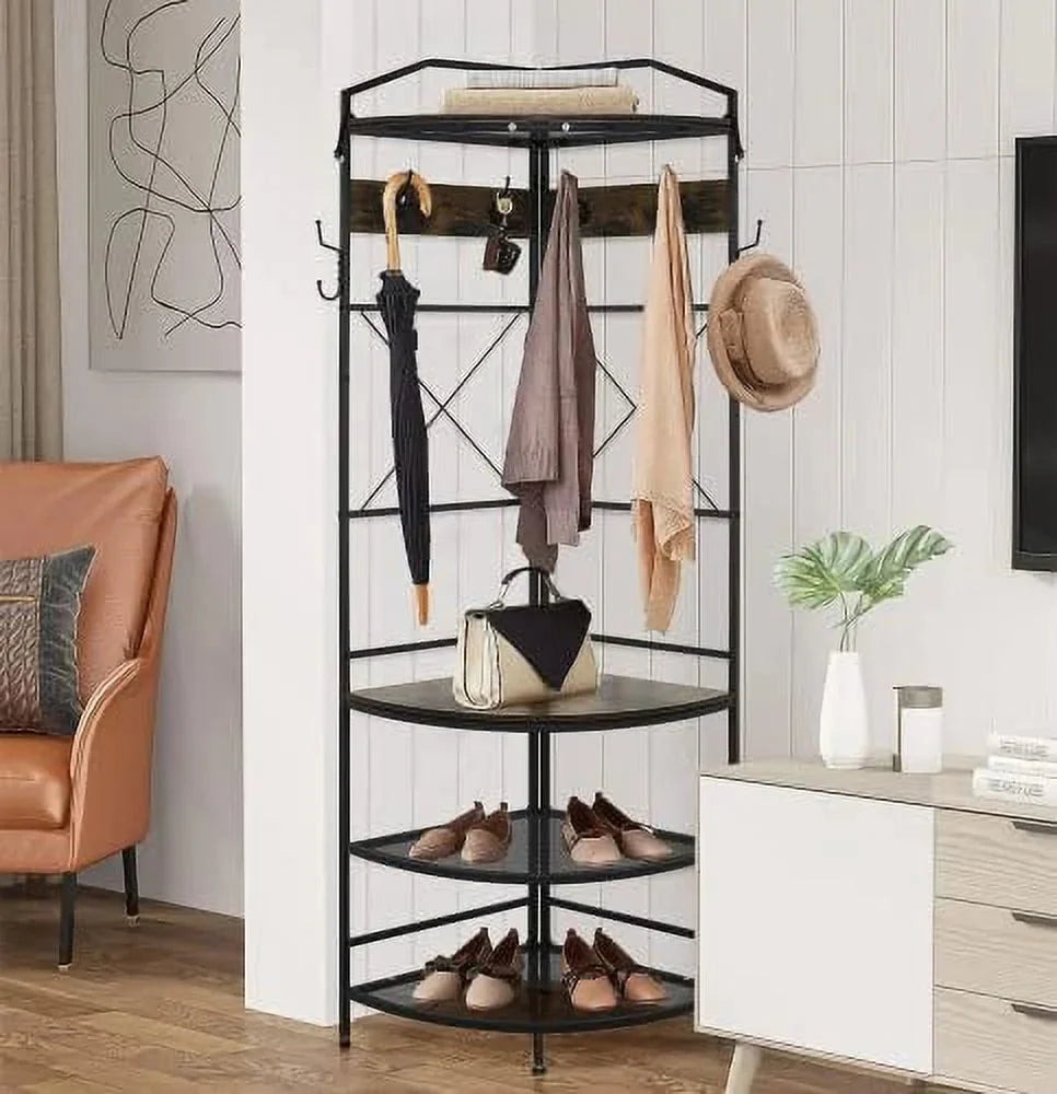 YOPCTUO 3-in-1 Entryway Coat Rack Industrial Hall Tree Corner Cloth Rack with Bench Hallway Coat and Shoe Rack for Corner Entryway Organizer with Metal Shoe for Hallway Corner Entran