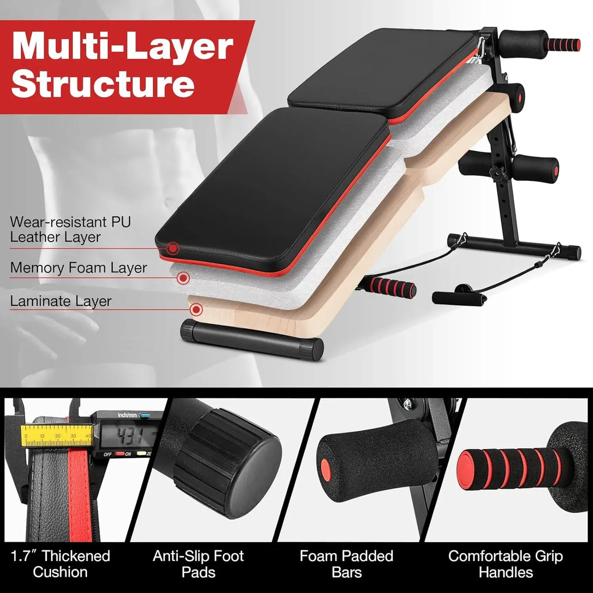 Goplus 7 in 1 Sit up Bench, Foldable Workout Bench w/4 Position Adjustable Height, Multi-Layer Structure Cushion & 2 Elastic Ropes, Workout Equipment for Home Gym Fitness, 330 LBS
