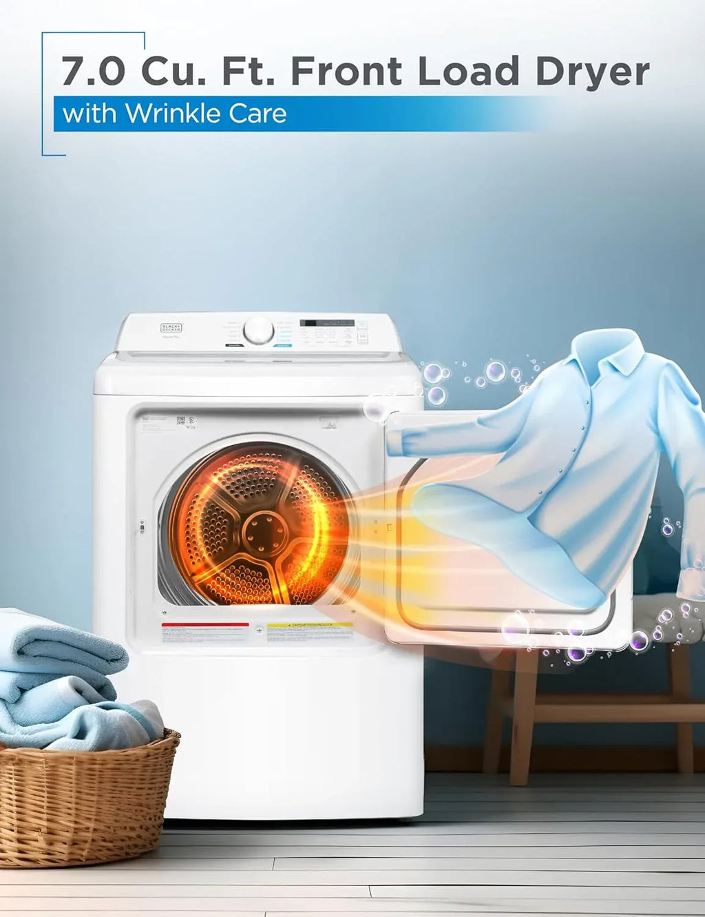 BLACK+DECKER 7.0 Cu. Ft. Front Load Dryer, Clothes Dryer with LED Display and Dial Control, 5 Senor and Manual Dry Selections, Wrinkle Care, 240V, BLD67ME, White