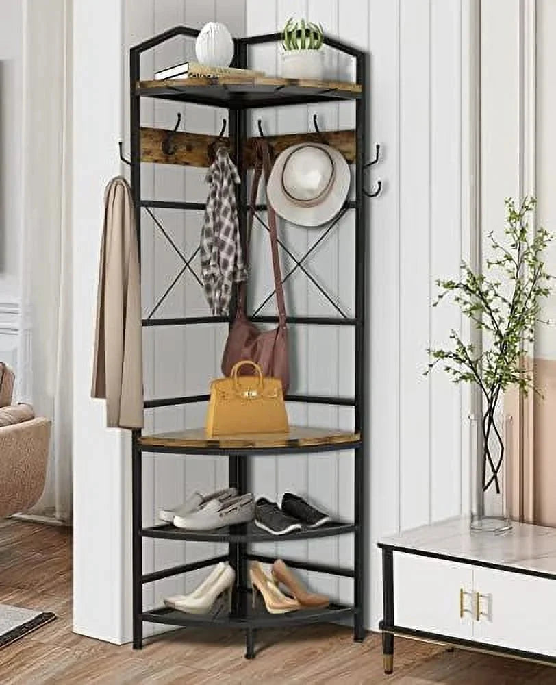 YOPCTUO 3-in-1 Entryway Coat Rack Industrial Hall Tree Corner Cloth Rack with Bench Hallway Coat and Shoe Rack for Corner Entryway Organizer with Metal Shoe for Hallway Corner Entran