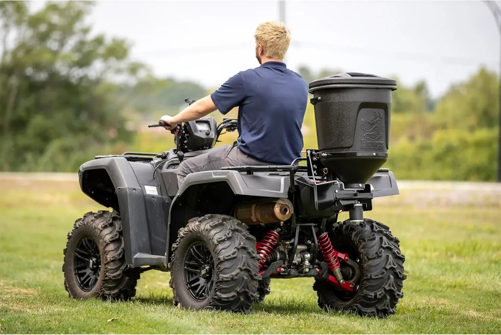 ATVS15A ATV All Purpose Broadcast Spreader for All-Seasons Hunting Deer Feeder, Seed, Fertilizer, Rock Salt and More, 15 Gallon Capacity, Black, 12