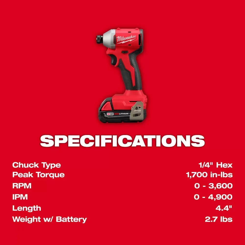 Milwaukee Pre-Sale 3650-21P M18 18V 1/4 Compact Hex Impact Driver Kit
