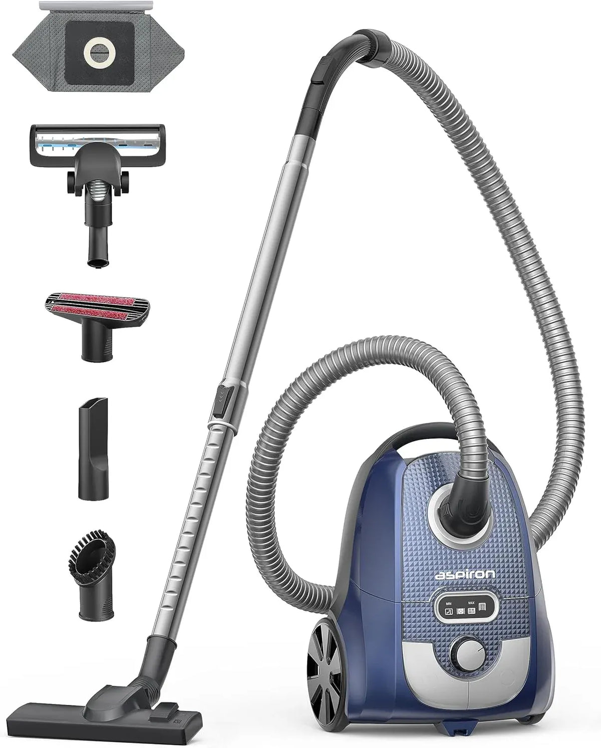 Aspiron Bagged Canister Vacuum, Canister Vacuum Cleaner, 3.5L, H13 HEPA Filter, 5 Cleaning Tools, Pet-Friendly Vacuum Cleaner for Carpets, Hardwood Floors, Stairs, Pet Hair, Household, Blue
