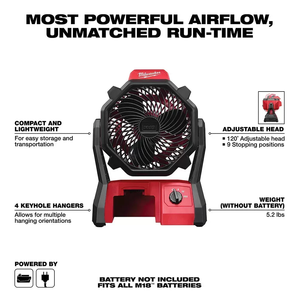 Milwaukee 0886-20 M18 18V 2,350-Rpm Adjustable Jobsite Fan w/Adapter - Bare Tool
