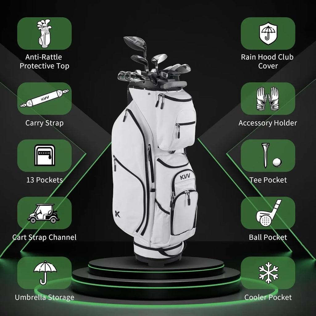 Stylish White 14-Way Golf Cart Bag with Cooler Pockets and Rain Protection