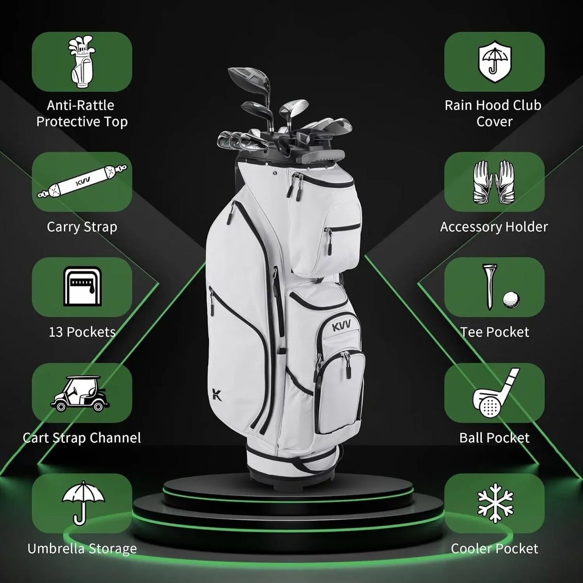 Stylish White 14-Way Golf Cart Bag with Cooler Pockets and Rain Protection