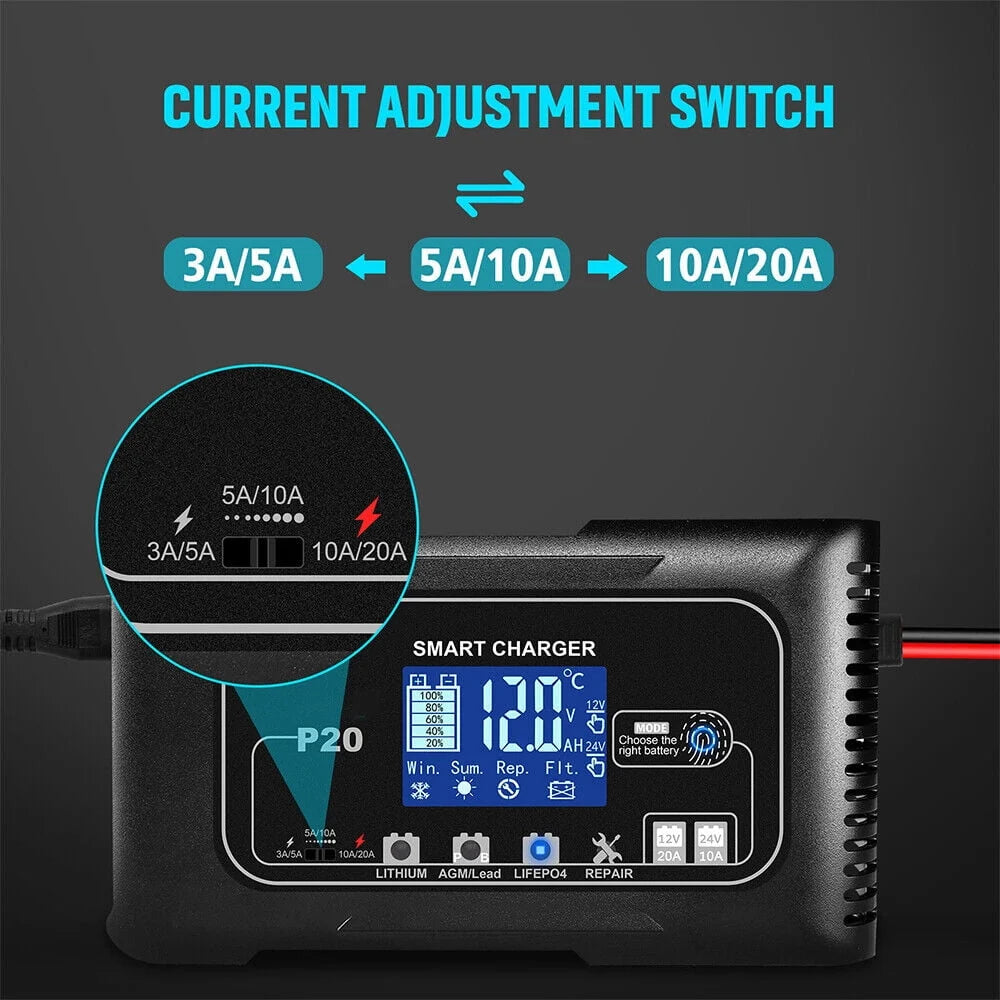 KingFurt Automatic Battery Charger - Intelligent 12V/24V Charging, LCD Display, 20A Amp, All-in-One Solution for Cars, RVs, Trucks