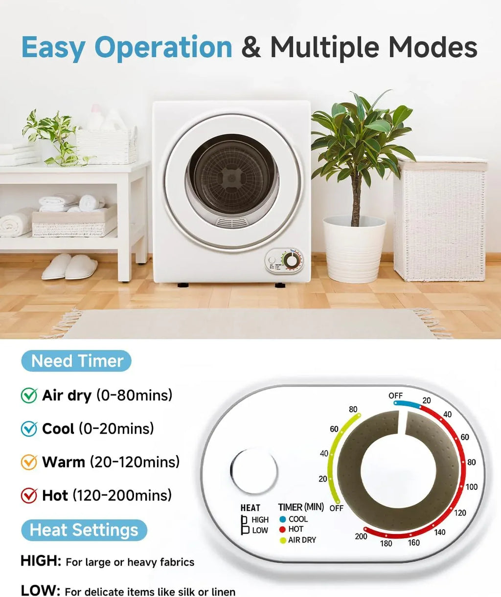 110V Portable Dryer â?850W Compact Clothes Dryer with 4 Automatic Drying Modes, Stainless Steel Tub, Simple Control Knob for Apartments, Dorms & Small Spaces