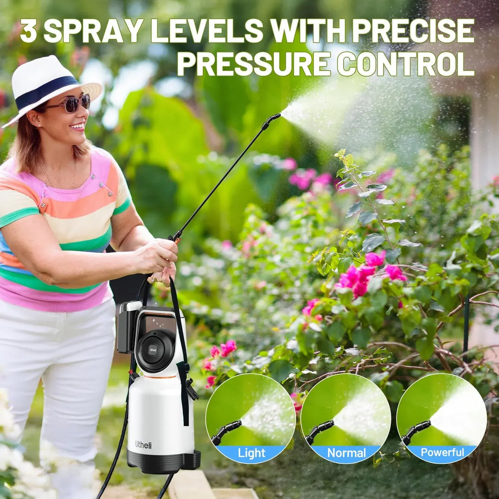 Litheli 20V Cordless Garden Sprayer, 1.3 Gallon/4.75L Pump Sprayer, Intelligent Pump Pressure Control, 2 Spray Modes for Spraying Plants, Garden Watering, with 2.0Ah Battery Included