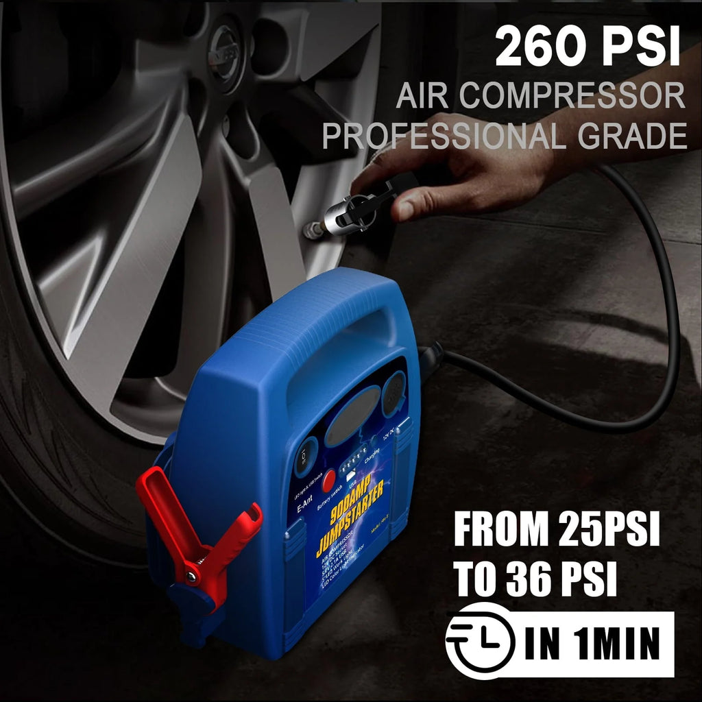 E-Ant Jump Starter with Air Compressor, 900A Peak Jump Starter, 260 PSI Tire Inflator, 12V Battery Jumper Starter Portable, Jumper Cables for Up to 6.0L Gas/4.0L Diesel Engines with DC/USB Ports-Blue