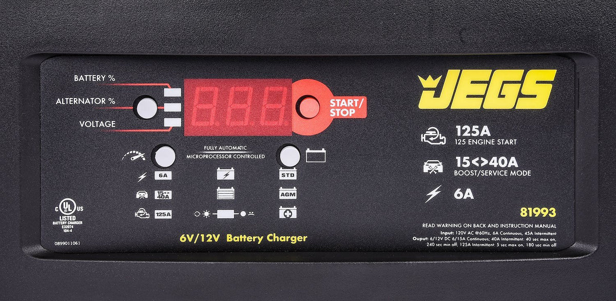 JEGS 81993 Heavy Duty Battery Charger Battery Type: Standard AGM GEL Deep Cycle