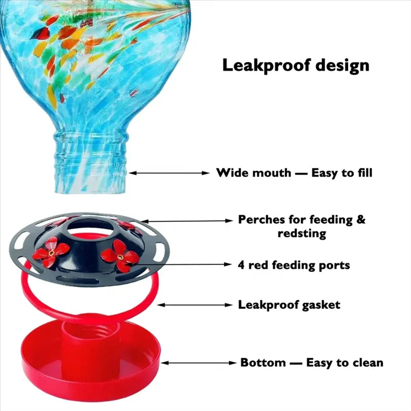 Hand Blown Glass Hummingbird Feeder with Bee Proof Ports and Ant  Moat