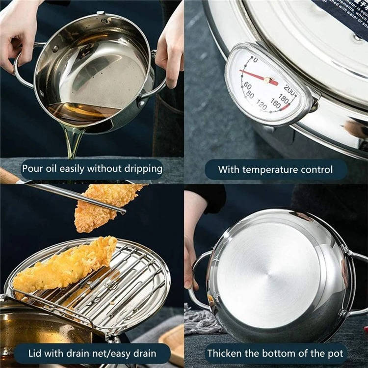 Deep Frying Pot with Splash Guard Lid and Built-in Thermometer, Wire Drain  Rack