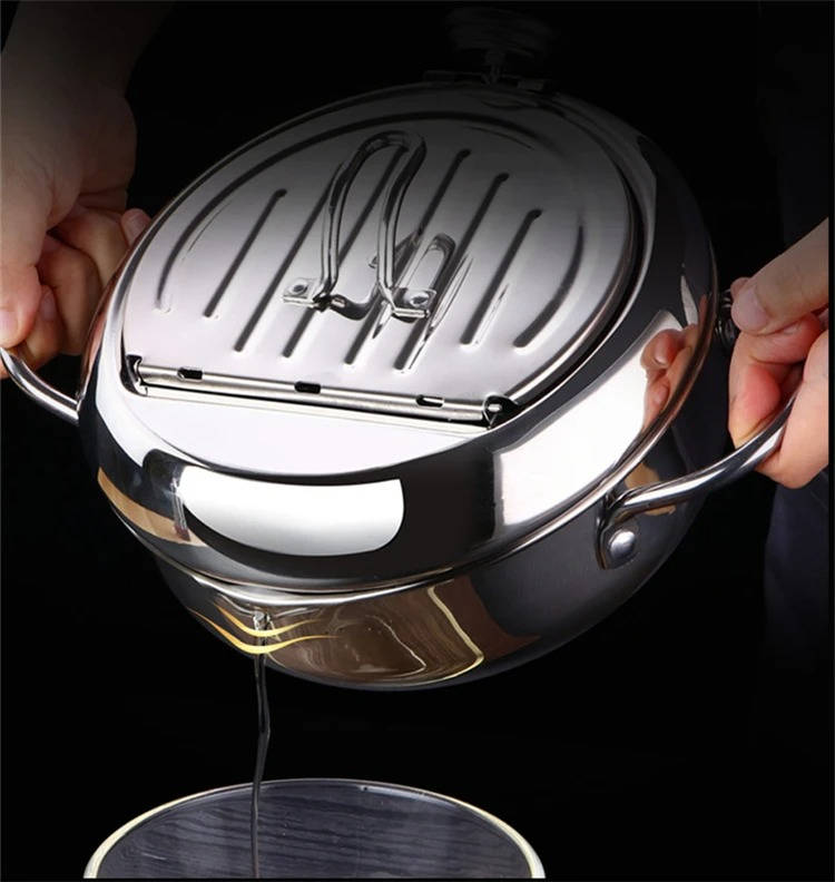 Deep Frying Pot with Splash Guard Lid and Built-in Thermometer, Wire Drain  Rack