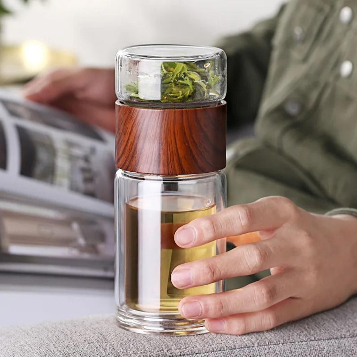 Glass Tea Infuser Bottle with Built-in Stainless Filter and Double Wall Insulation,  201-300ml
