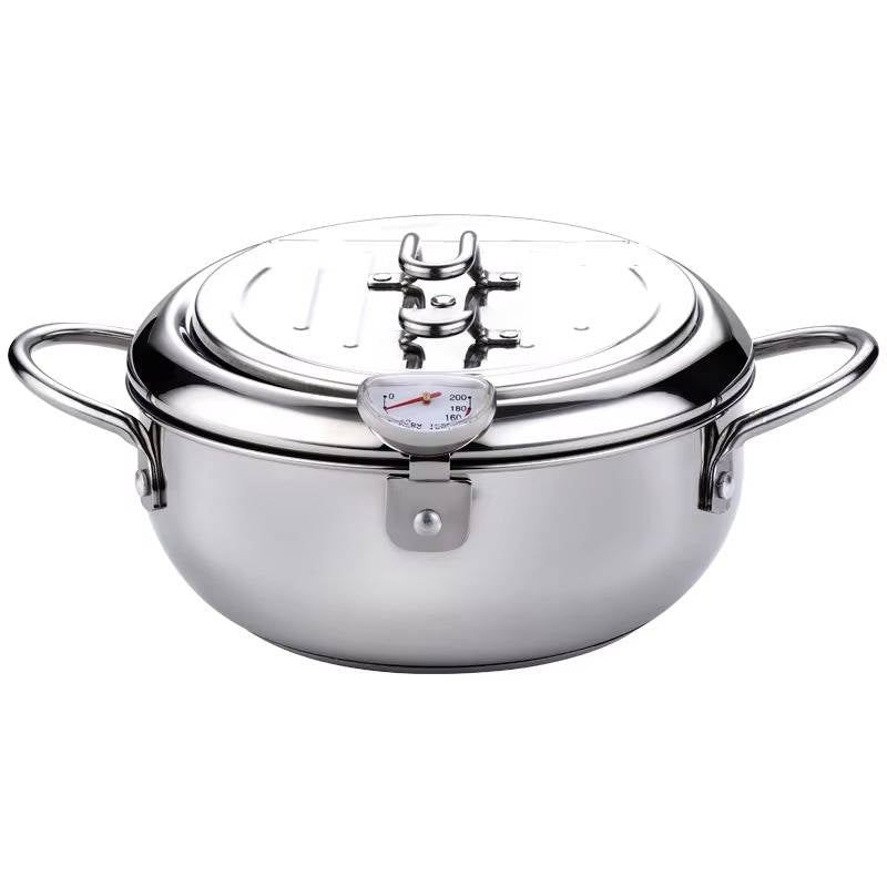 Deep Frying Pot with Splash Guard Lid and Built-in Thermometer, Wire Drain  Rack