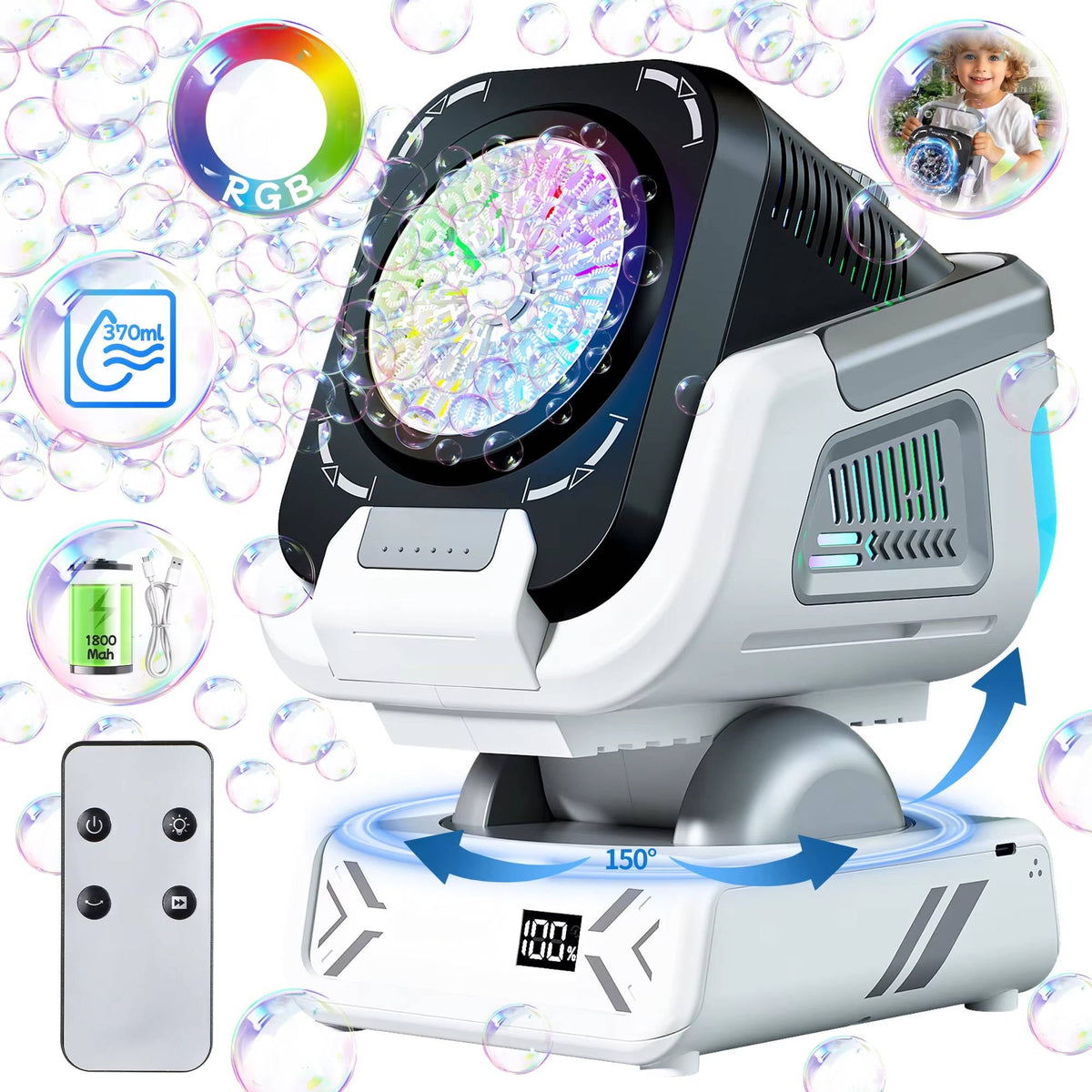 Automatic Bubble Machine with 150-Degree Rotation and 9-Color LED  Lighting