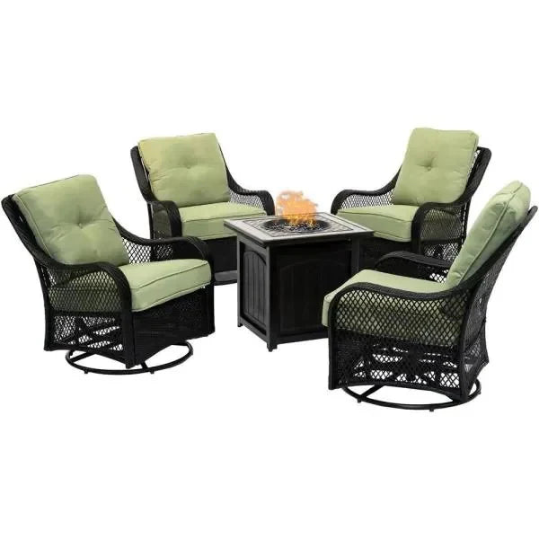 5-Piece Steel Patio Fire Pit Conversation Set with Navy Blue Cushions, Swivel Gliders and Square Fire Pit Table