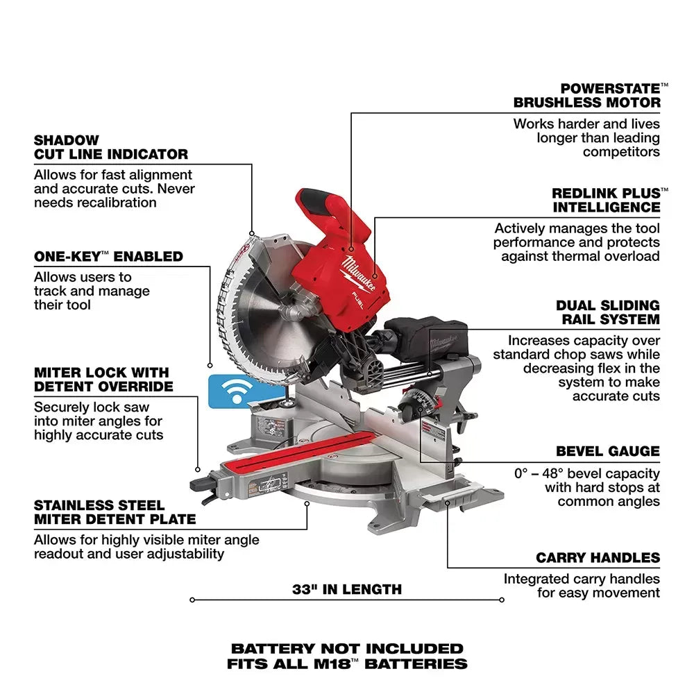 Milwaukee 2739-20 M18 FUEL 18V 12 Dual Bevel Slide Compound Miter Saw-Bare Tool