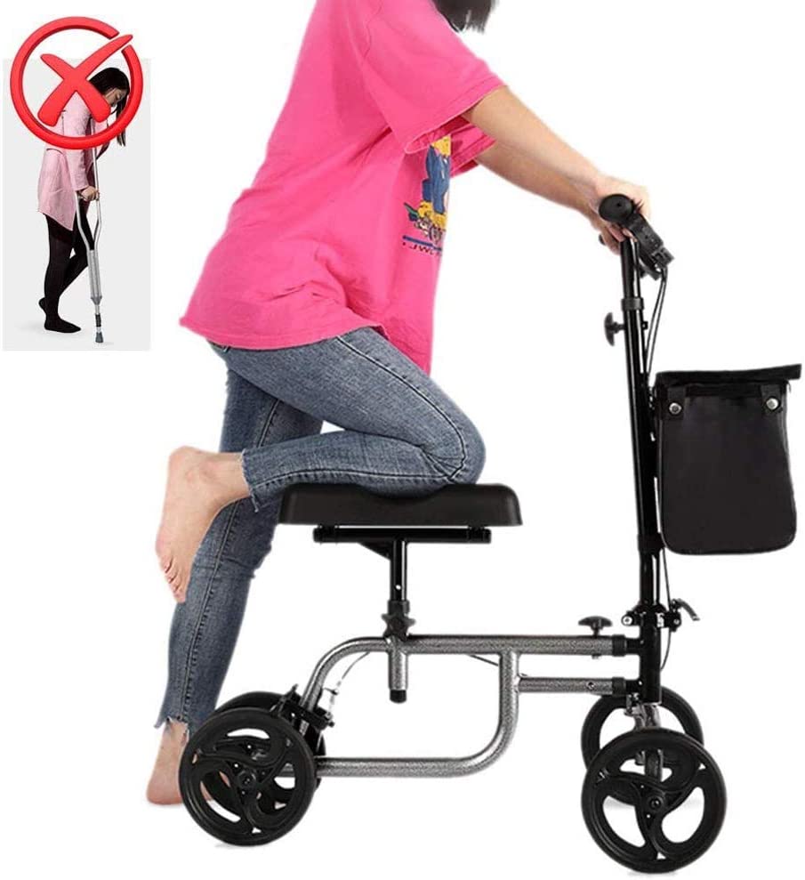 4 Wheels Knee Scooter Walker, All Terrain Rolling Steerable Adjusted Height Walking Aid with Storage Bags