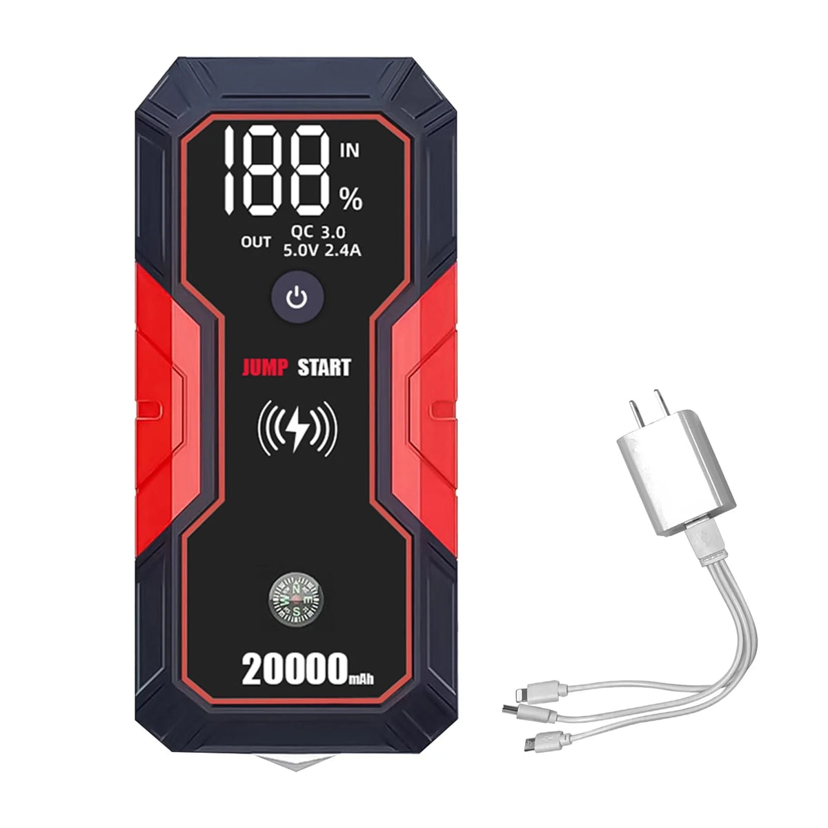 moobody 20000mAh Portable Car Jump Starter, 12V Car Battery Starter , Fast Wireless, USB Quick Charge, with Flashlight , Compatible with 5.0L Gas and 3.5L Diesel Engines