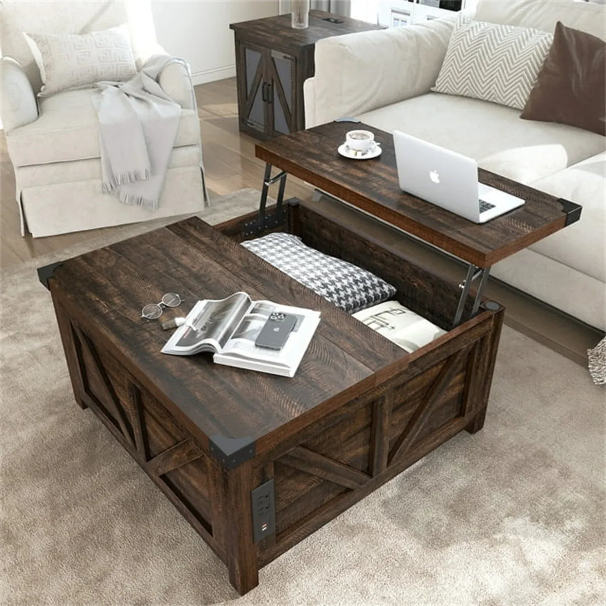35.6 Farmhouse Lift Top Coffee Table, Square Center Table with Charging Statio