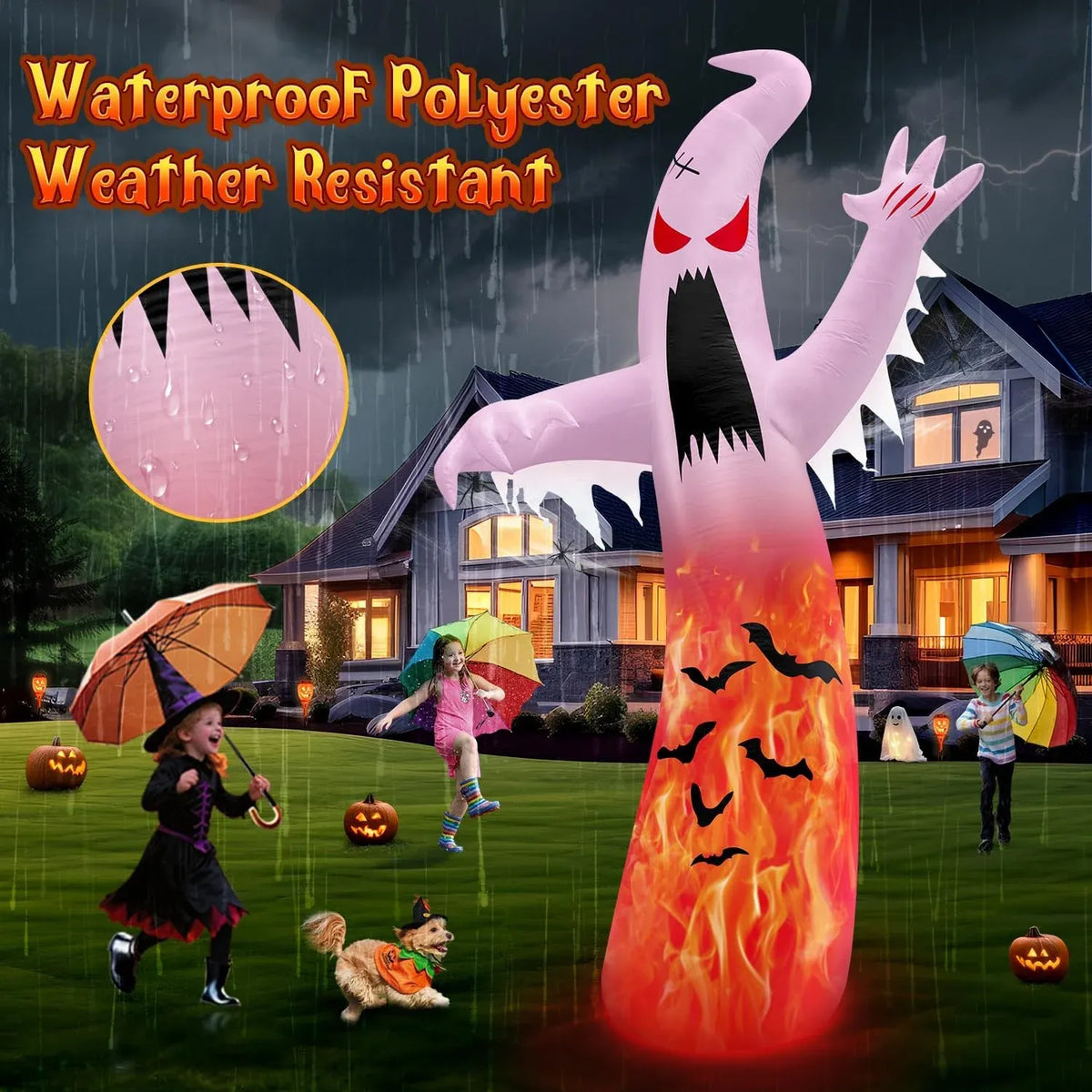 12FT Giant Halloween Inflatables Decoration Ghost with 3-Colored Flame Rotation LED Light Spooky Halloween Decorations Outdoor Blow Up Yard Decorations for Home Lawn Holiday Partyï1⁄4?PCS