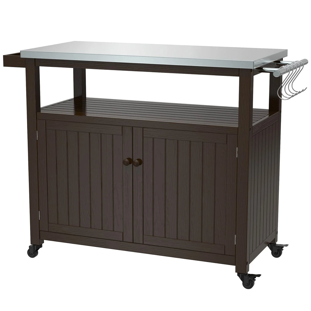 GDLF Outdoor Storage Cabinet Solid Wood Prep Grill Table with Stainless Steel Top Waterproof Cover Dark Brown