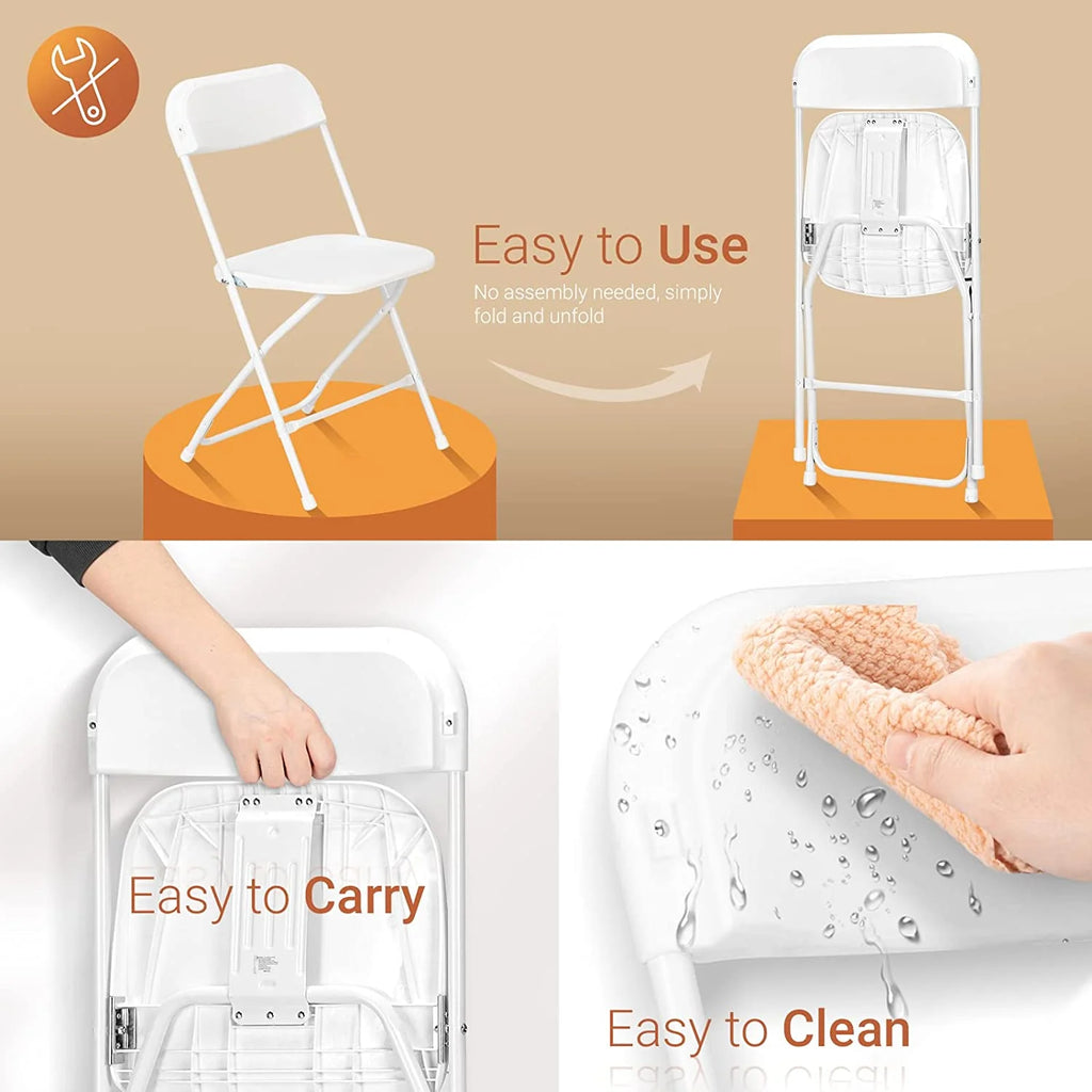 VINGLI 10 Pack White Plastic Folding Chair， Indoor Outdoor Portable Stackable Commercial Seat with Steel Frame 350lb. Capacity for Events Office Wedding Party Picnic Kitchen Dining