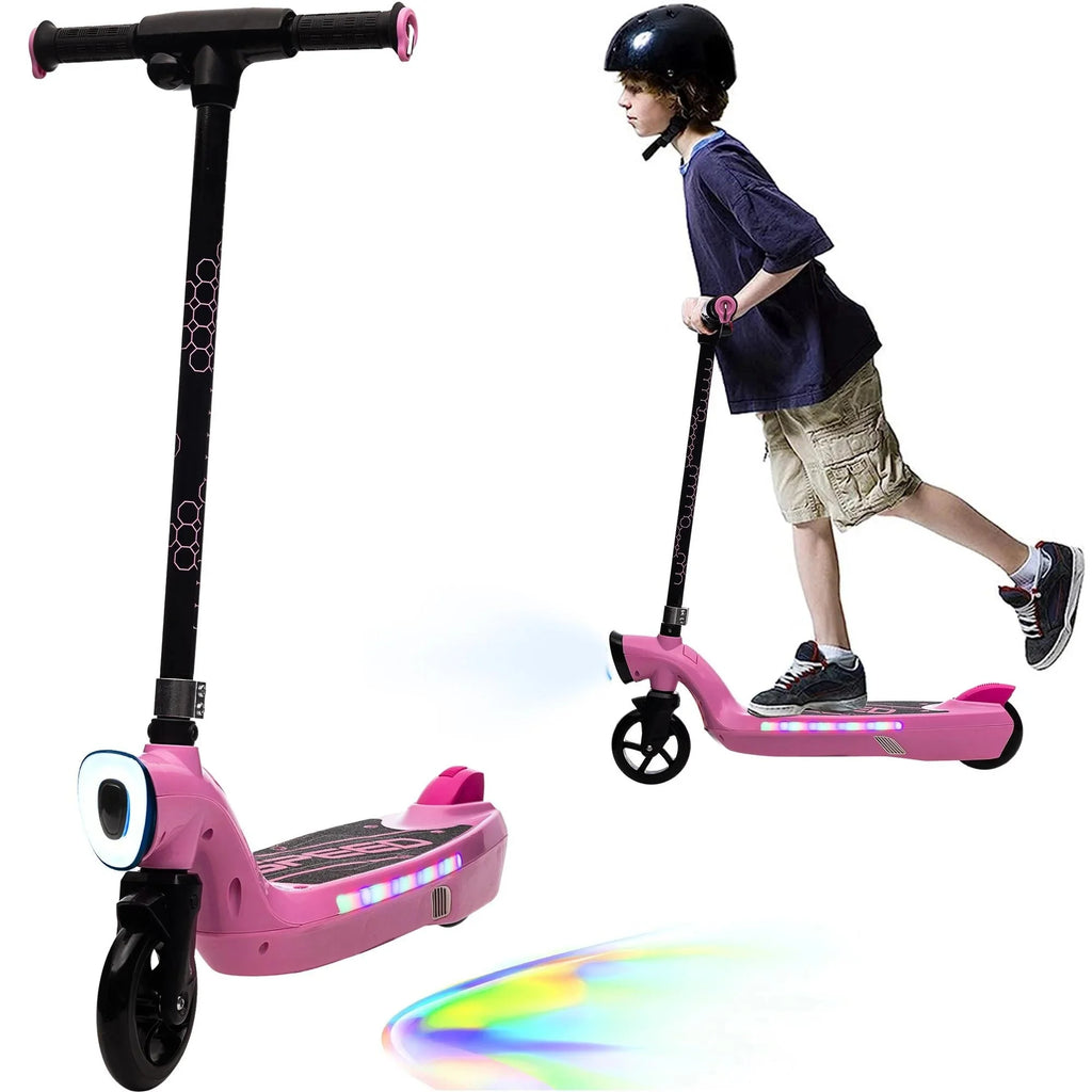 iRerts Kids Electric Scooter for 6-14 Year Old, Portable Kids Scooter for Boys Girls, 12V 45W Kids Electric Scooter with Front Big Light, Rear Brake, Colorful Deck Light, Pink
