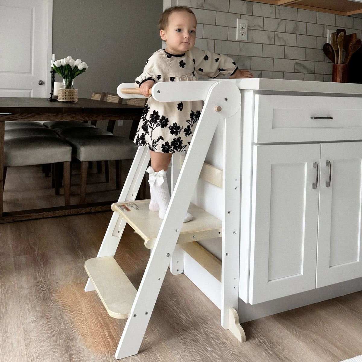 Foldable Toddler Kitchen Tower, Standing Stools for Kids Age 1.5-6 Years, White