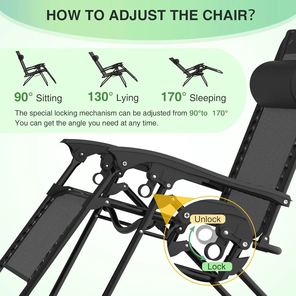 Zero Gravity Chairs Set of 2, Zero Gravity Lounge Chair w/Upgraded Lock, Big Cup Holder and Pillow, Reclining Patio Chairs Folding Recliner for Indoor and Outdoor