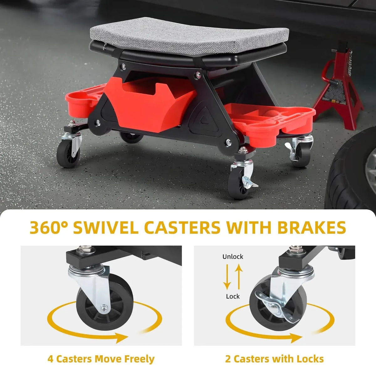 Mechanic Stool, 300 LBS Garage Stool on Wheels, Heavy Duty Rolling Mechanics Seat, Rolling Stools Seat with Wheels for Automotive Auto Repair, Shop