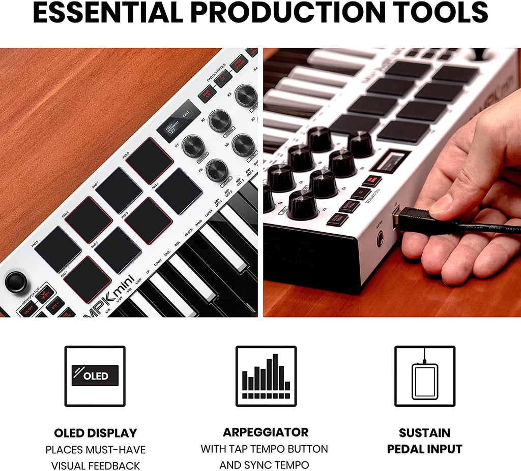 AKAI Professional MPK Mini White MK3 and M-Audio HDH40-25-Key USB MIDI Keyboard Controller with Beat Pads, Studio Headphones and Software Suite