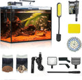 Small Aquarium Set Glass 2.6 Gallon Fish Tank, Starter Kit with Heater Self Cleaning System Efficiency Filter Bright Light Rocks Gravel Cleaning Tool, Leak-Proof Ultra-Clear Rimless Desktop Betta Tank