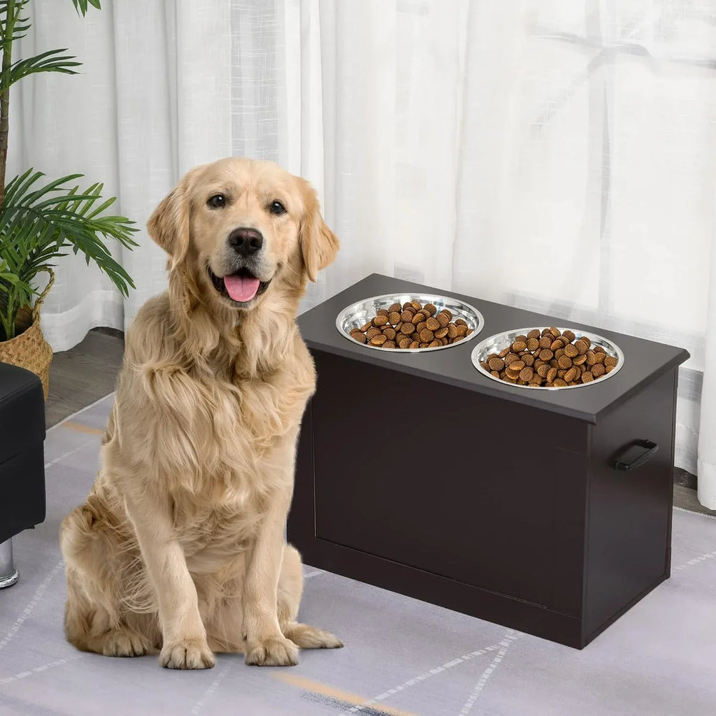 PawHut Raised Pet Feeding Storage Station with 2 Stainless Steel Bowls Base for Large Dogs and Other Large Pets, Coffee