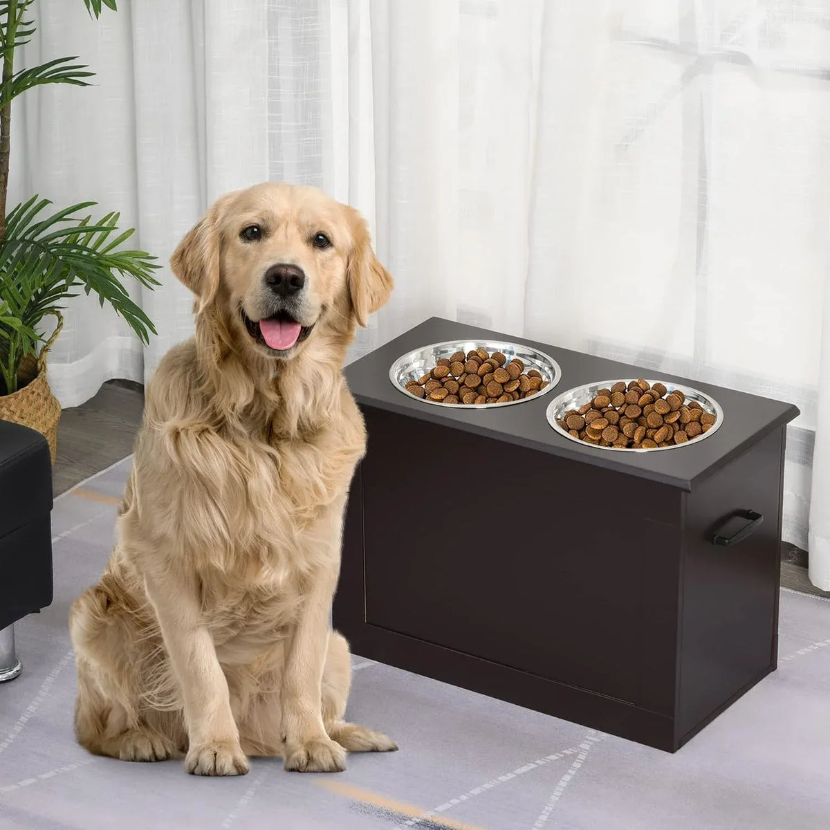 PawHut Raised Pet Feeding Storage Station with 2 Stainless Steel Bowls Base for Large Dogs and Other Large Pets, Coffee