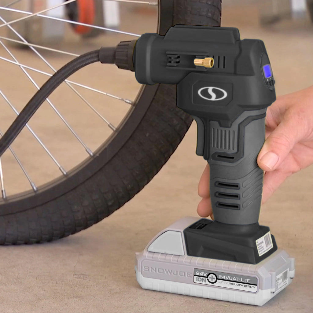 Sun Joe 24V-AJC-LTE-BLK Cordless Portable Air Compressor with Nozzle Adapters, Automatic Digital Pressure Gauge, Built-in LED Light & Case | 24-Volt | 2.0-Amp (Black)