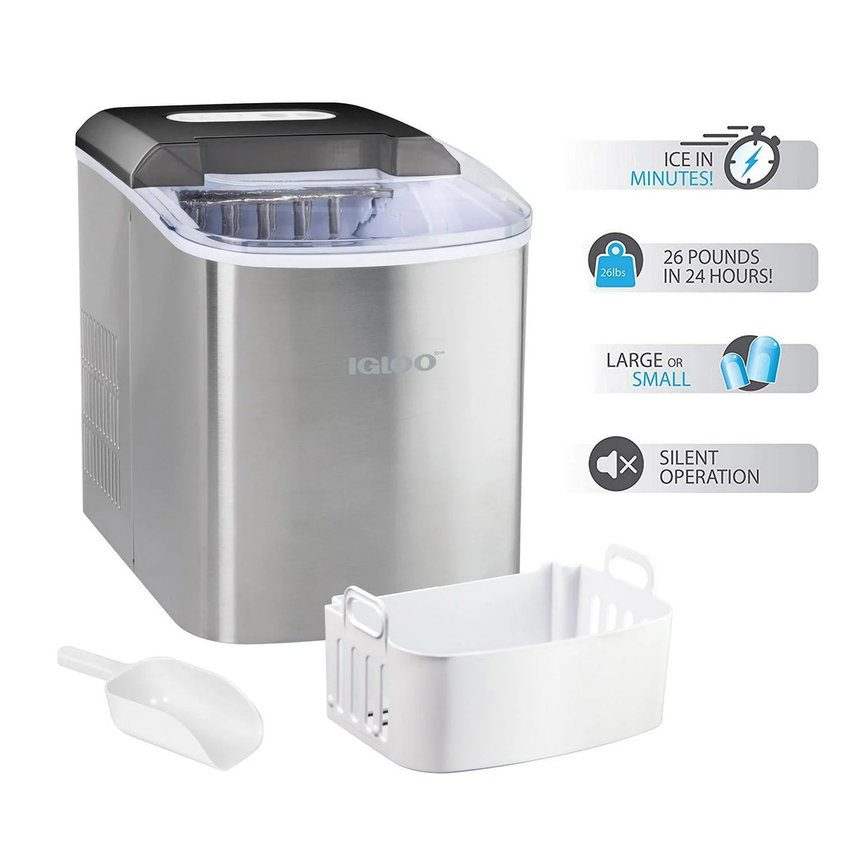 Igloo IGLICEB26SS 26-Pound Automatic Portable Countertop Ice Maker Machine Stainless Steel