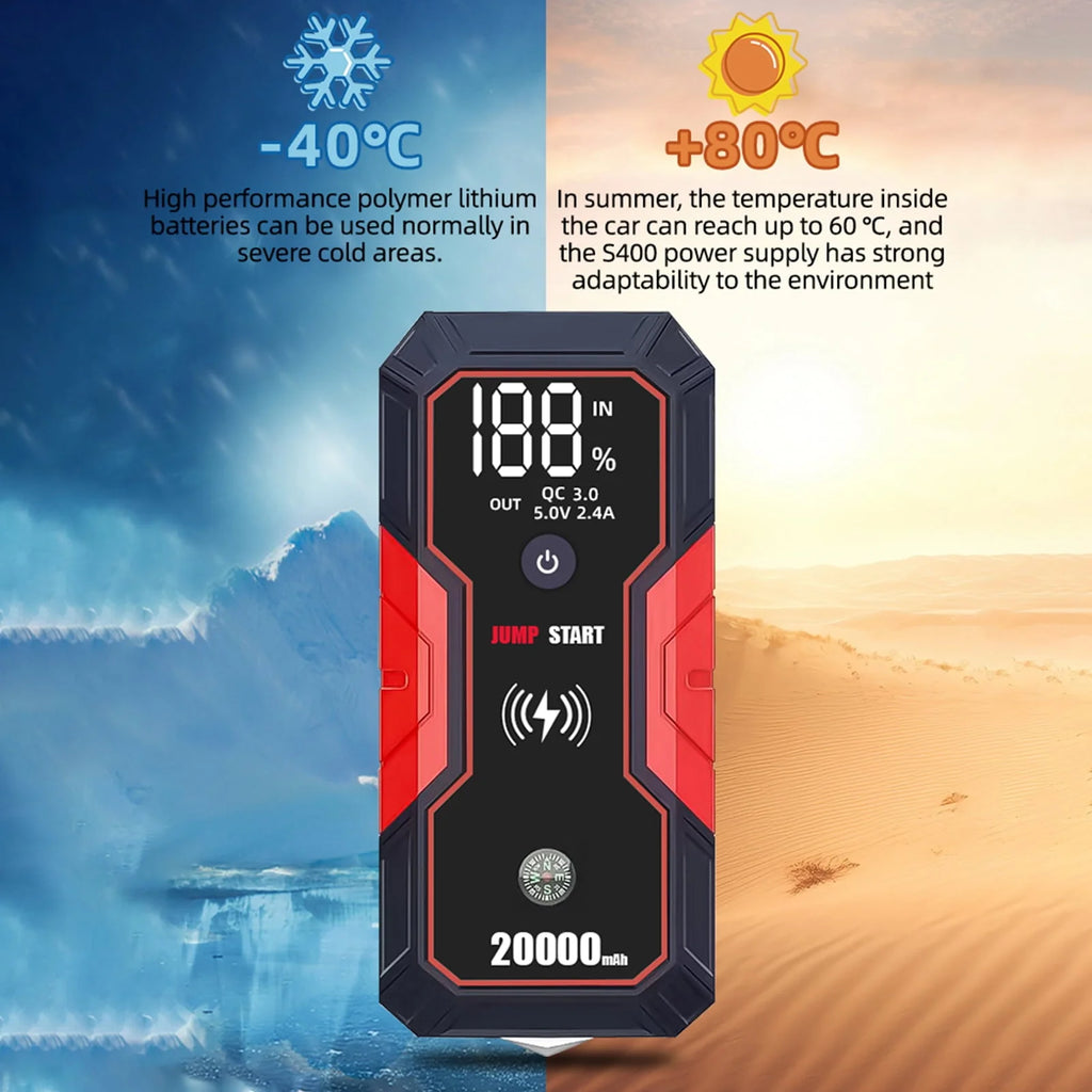 moobody 20000mAh Portable Car Jump Starter, 12V Car Battery Starter , Fast Wireless, USB Quick Charge, with Flashlight , Compatible with 5.0L Gas and 3.5L Diesel Engines