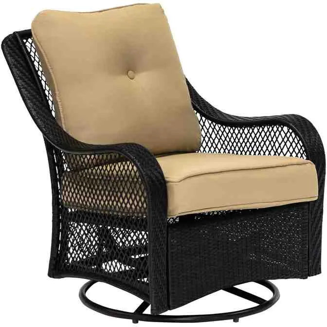 5-Piece Steel Patio Fire Pit Conversation Set with Navy Blue Cushions, Swivel Gliders and Square Fire Pit Table