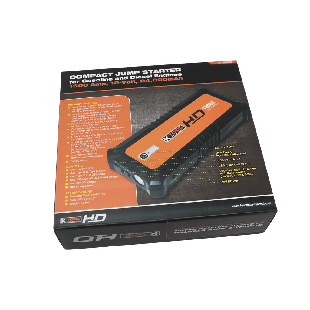 K Tool HD Power Bank Portable Charger Heavy Duty Jump Starter 24000 mAh Jump Starters for Gasoline Engines and 11.0L Diesel Engines Lithium Polymer Emergency Light