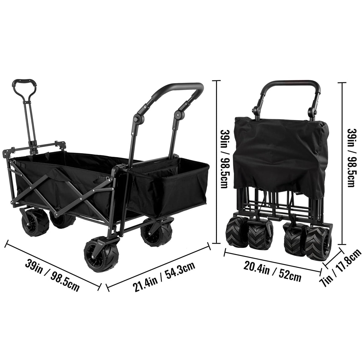 VEVORbrand Collapsible Wagon Cart Black， Foldable Wagon Cart Removable Canopy 602D Oxford Cloth， Collapsible Wagon Oversized Wheels， Portable Folding Wagon Adjustable Handles， Beach， Garden， Sports