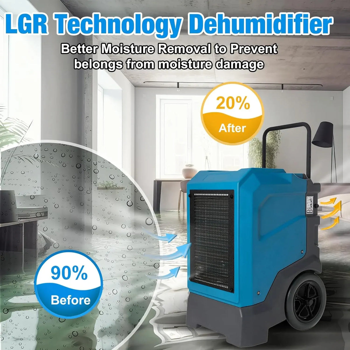 310 Pints LGR Commercial Dehumidifier with Built-In Pump and Drain Hose – Portable, Heavy-Duty Dehumidifier with Wheels for Basements, Garages, Home, and Job Sites (Blue)
