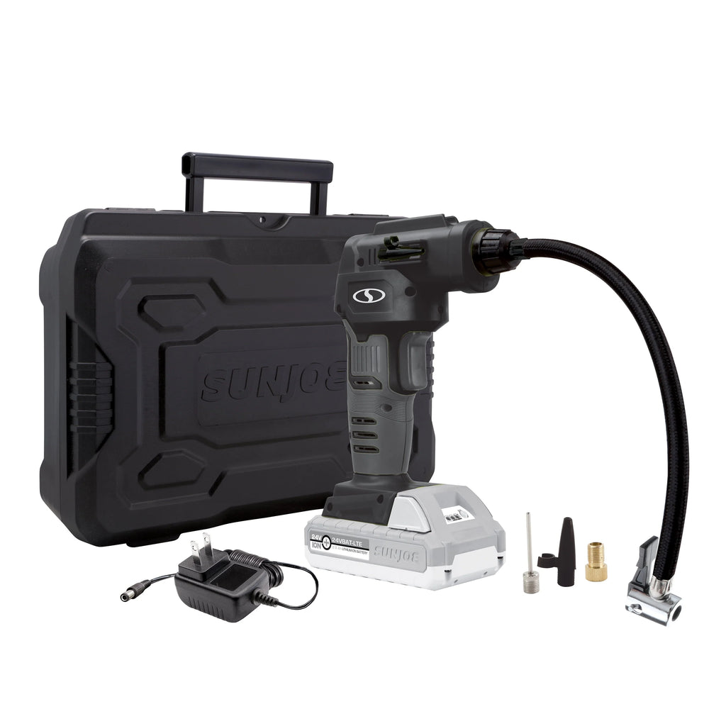 Sun Joe 24V-AJC-LTE-BLK Cordless Portable Air Compressor with Nozzle Adapters, Automatic Digital Pressure Gauge, Built-in LED Light & Case | 24-Volt | 2.0-Amp (Black)