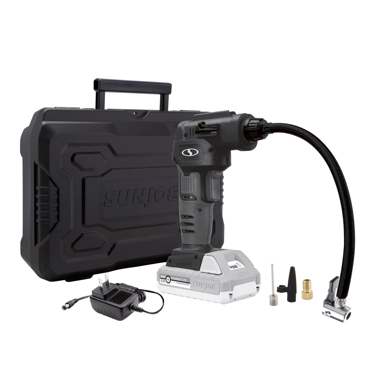 Sun Joe 24V-AJC-LTE-BLK Cordless Portable Air Compressor with Nozzle Adapters, Automatic Digital Pressure Gauge, Built-in LED Light & Case | 24-Volt | 2.0-Amp (Black)