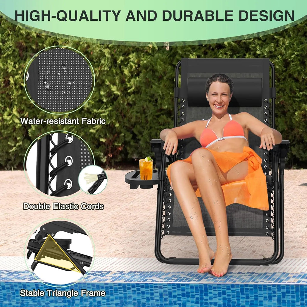 Zero Gravity Chairs Set of 2, Zero Gravity Lounge Chair w/Upgraded Lock, Big Cup Holder and Pillow, Reclining Patio Chairs Folding Recliner for Indoor and Outdoor