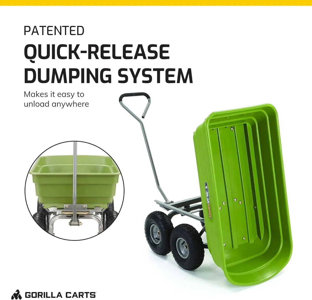 Gorilla Carts Poly Garden Dump Cart, 4 Cu Ft Tub, 600 lb Haul Capacity, Green – Heavy-Duty Utility Wagon with Quick-Release Dumping & Pneumatic Tires for Yard, Landscaping and Gardening