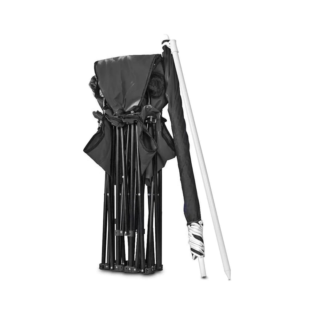 GoTeam Double Folding Camping Chair Set w/ Shade Umbrella & Cooler Bag, Black