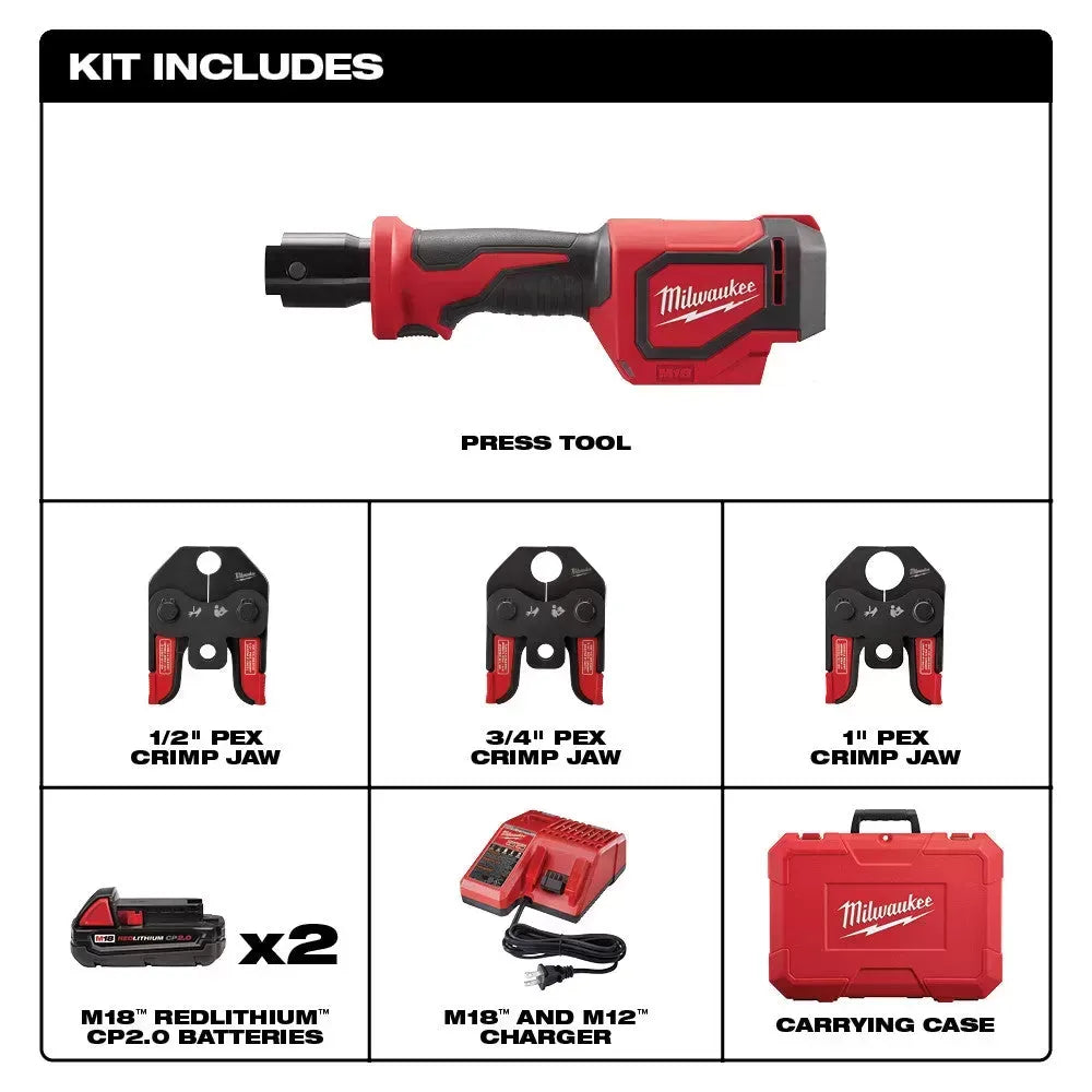 Milwaukee 2674-22C M18 18V Short Throw Press Tool Kit w/ PEX Crimp Jaws